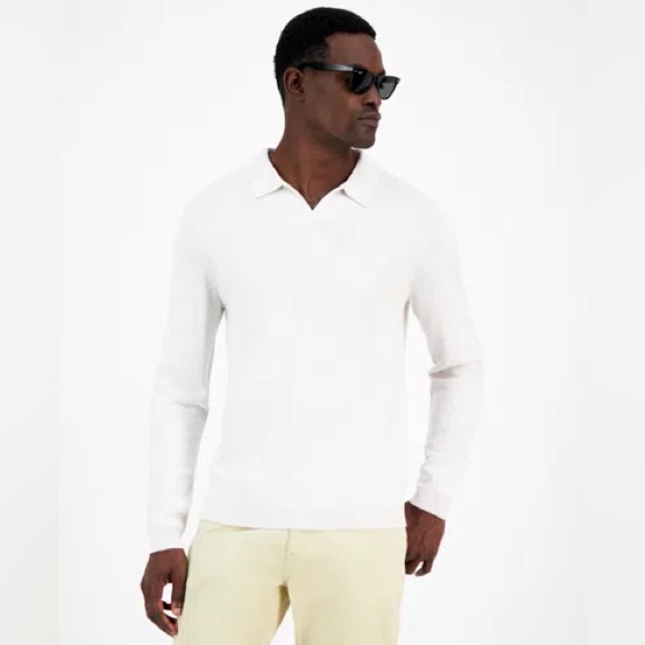 Nwt Alfani Men’s Long Sleeve Merino Sweater Collared In Off White (Vanilla)